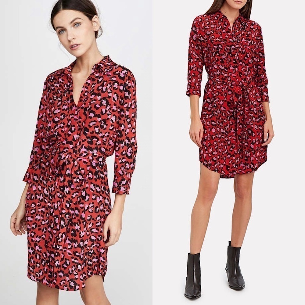 NWT L’AGENCE Silk Red Leopard Button Front Tie Waist‎ 3/4 Sleeve Shirt Dress XS